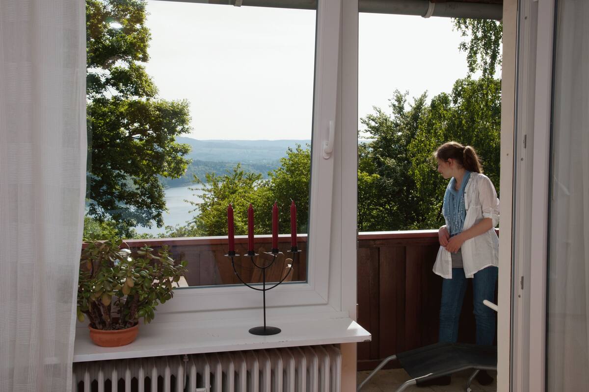 A balcony with a view of a lake and trees, a potted plant, and a candelabra.