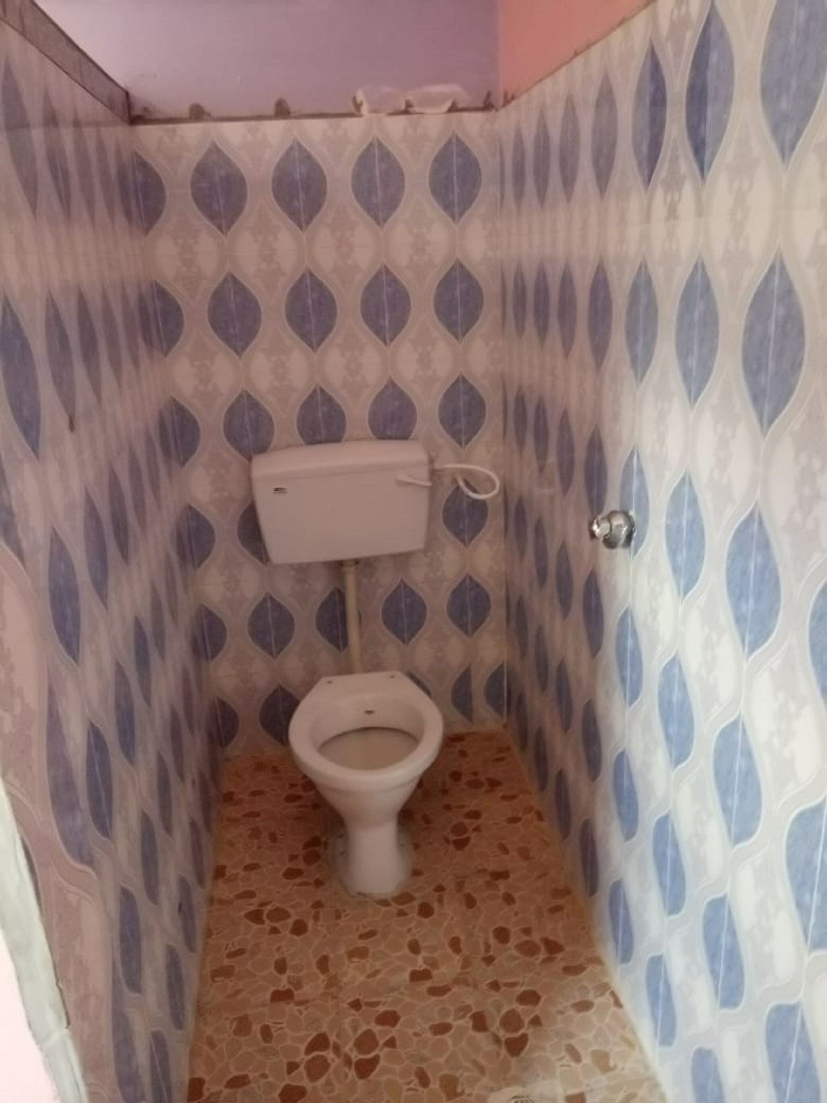 Une petite salle de bain avec des toilettes, un réservoir fixé au mur et un carrelage décoratif.