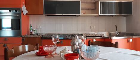 Kühlschrank, Mikrowelle, Herdplatte, Kochgeschirr/Geschirr/Besteck