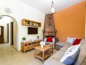 Flat-screen TV, fireplace, DVD player, books