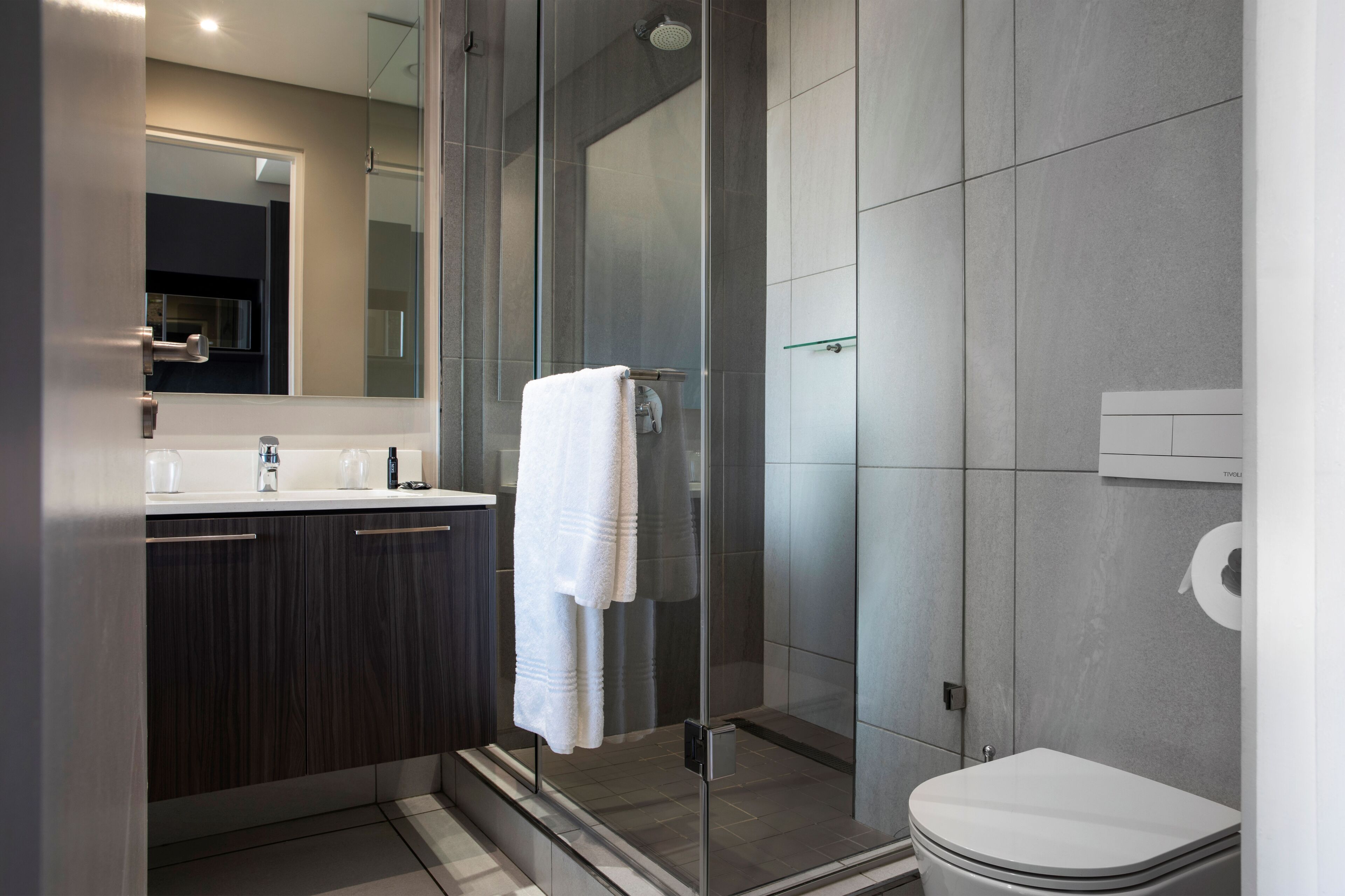 A modern bathroom with a glass-enclosed shower, a toilet, and a vanity with a mirror.