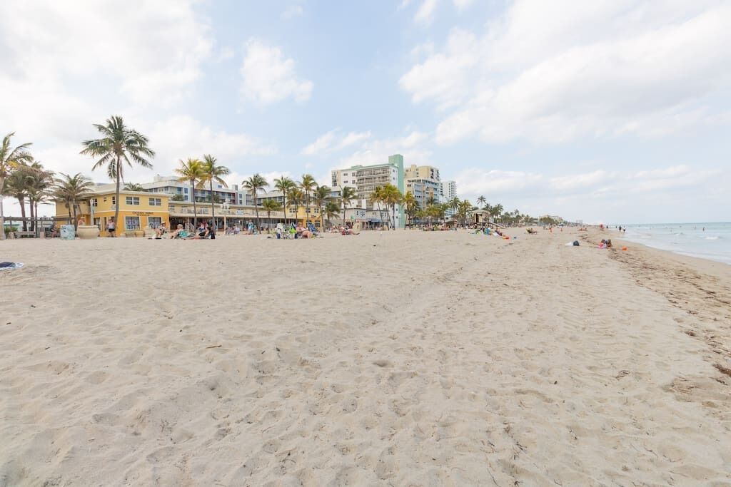 A beach with palm trees, a sandy shore, and buildings in the background.