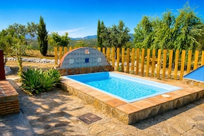 A rectangular swimming pool with a tiled wall and a wooden fence surrounding it.