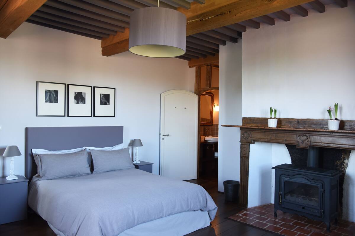Un dormitorio con cama, mesitas de noche, lámpara colgante, chimenea y puerta que da al baño.