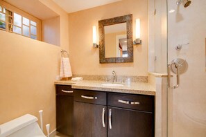 Shower, hair dryer, shampoo