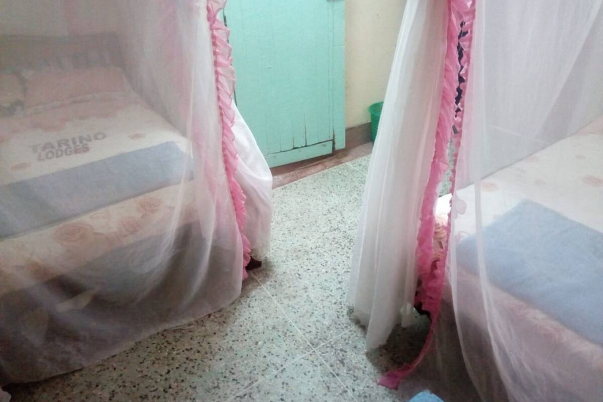 A room with two beds covered in pink and white bedding, a green door, and a tiled floor.