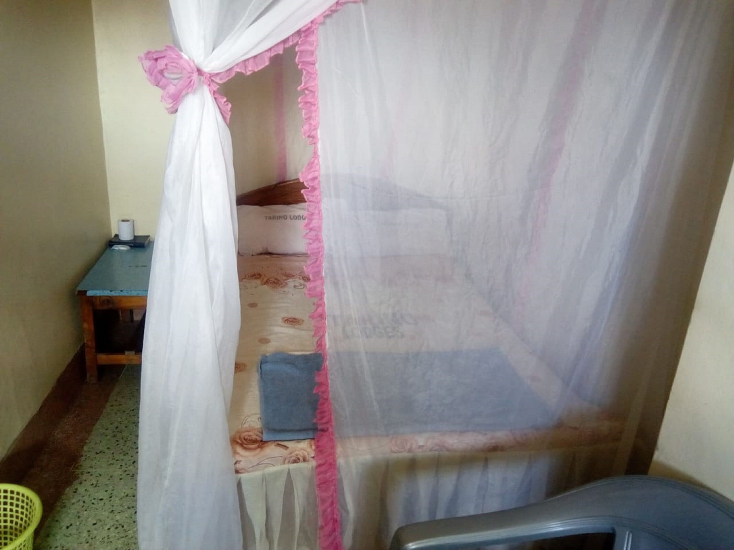 A room with a bed under a canopy, a small table with a chair, and a green basket on the floor.