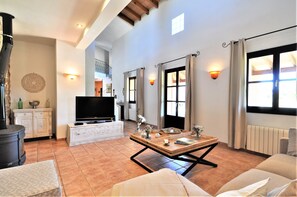 Una televisión, una chimenea, libros