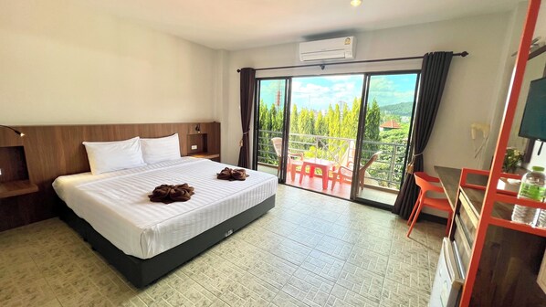 Double Room, 1 King Bed, Balcony, Pool View | In-room safe, desk, laptop workspace, bed sheets