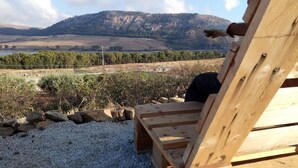 A wooden deck chair overlooking a vineyard with a mountain in the background. - escape escape from palermo (Piana degli Albanesi)