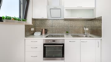 Appartement, 1 slaapkamer | Privékeuken | Een koelkast, een microgolfoven, een oven, een kookplaat