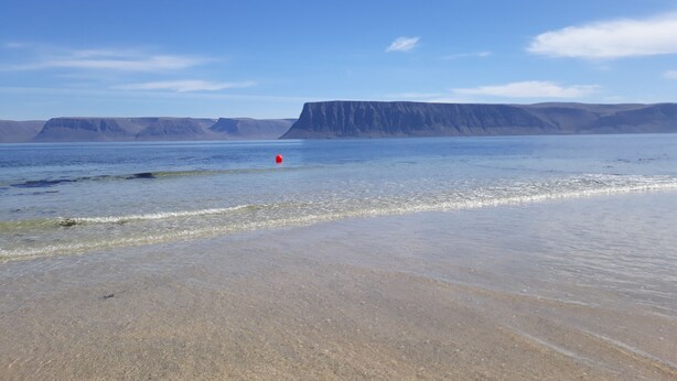 Una playa con agua cristalina, una boya roja y acantilados a lo lejos.