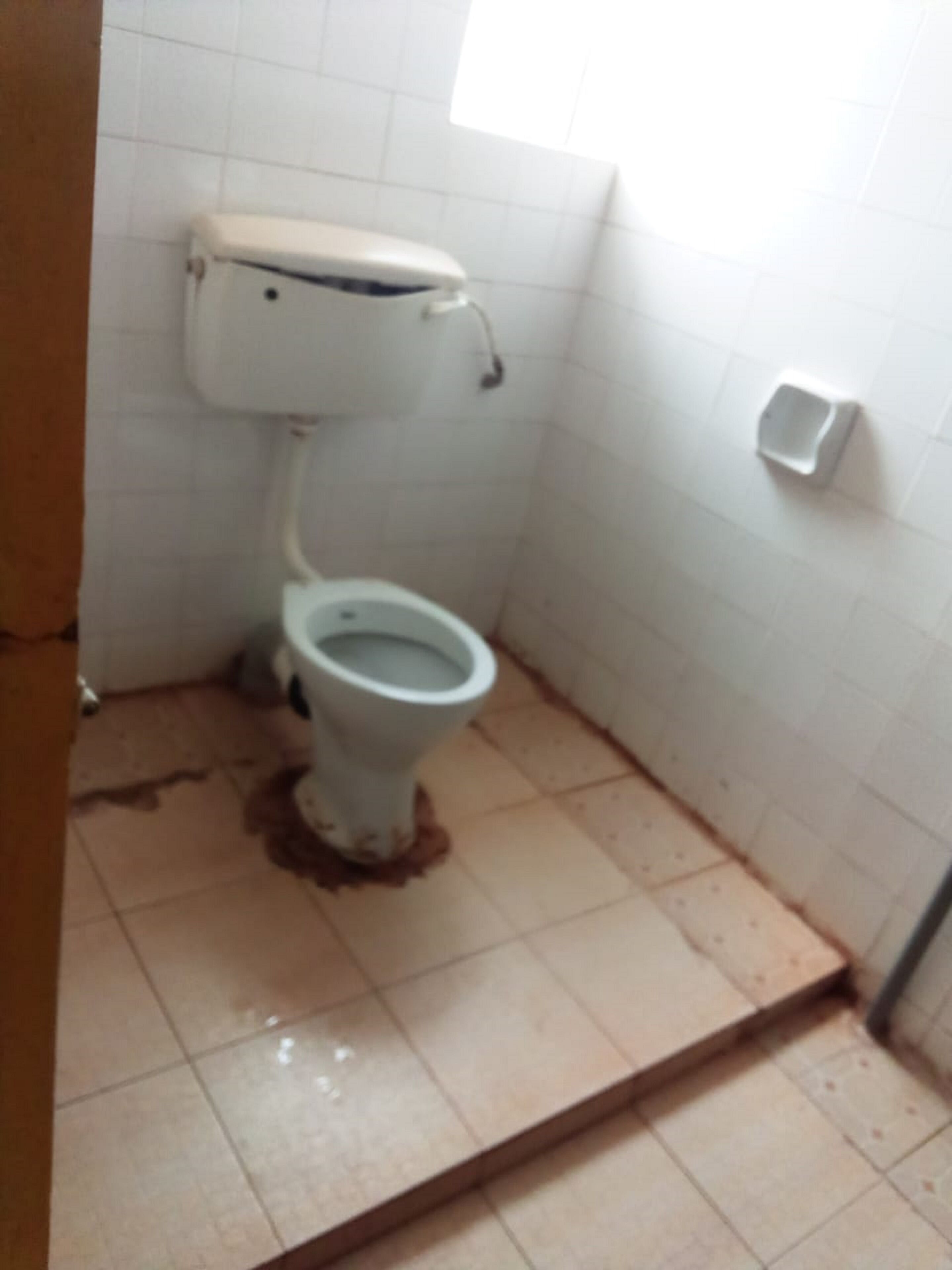 A small, tiled bathroom with a white toilet, a visible pipe, and a wall-mounted flush handle.