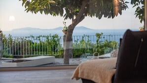 Un balcon avec vue sur la mer et les montagnes, une plante en pot et un coin salon agrémenté de coussins.