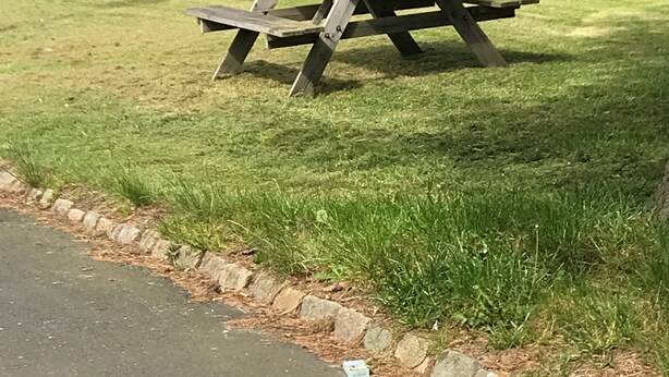 A picnic table in a grassy area with a road and a bus stop in the background. - Motel Hadsten (Hadsten)