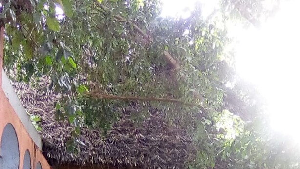 An outdoor seating area with tables and chairs, a Coca-Cola sign, and a TV screen. - Camp David (Makindu)