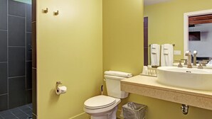 Une salle de bain avec des toilettes, un lavabo et un miroir.