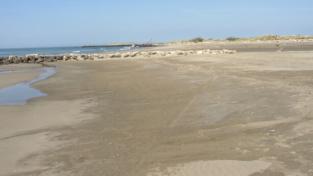 Een zandstrand met een rotsachtige zeewering en schaarse begroeiing in de verte.