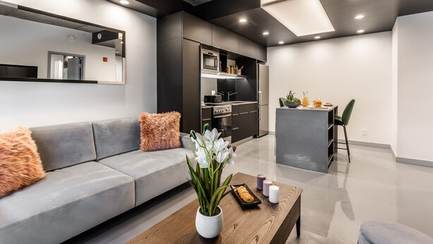 A modern living room with a grey sofa, a wooden coffee table, and a vase of white flowers.