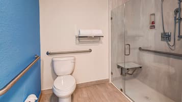 A bathroom with a toilet, a glass shower enclosure, and a handrail.