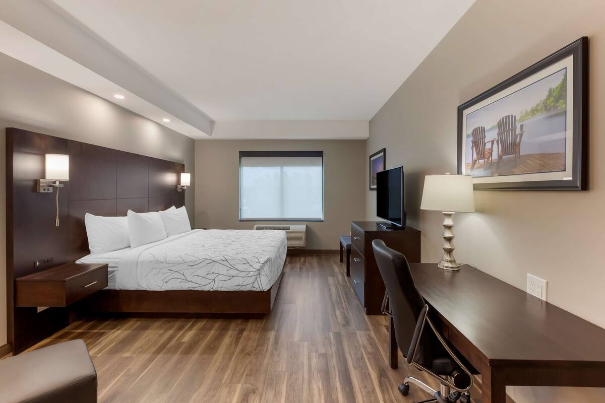 A hotel room with a large bed, a desk with a chair, a TV, and a painting on the wall.