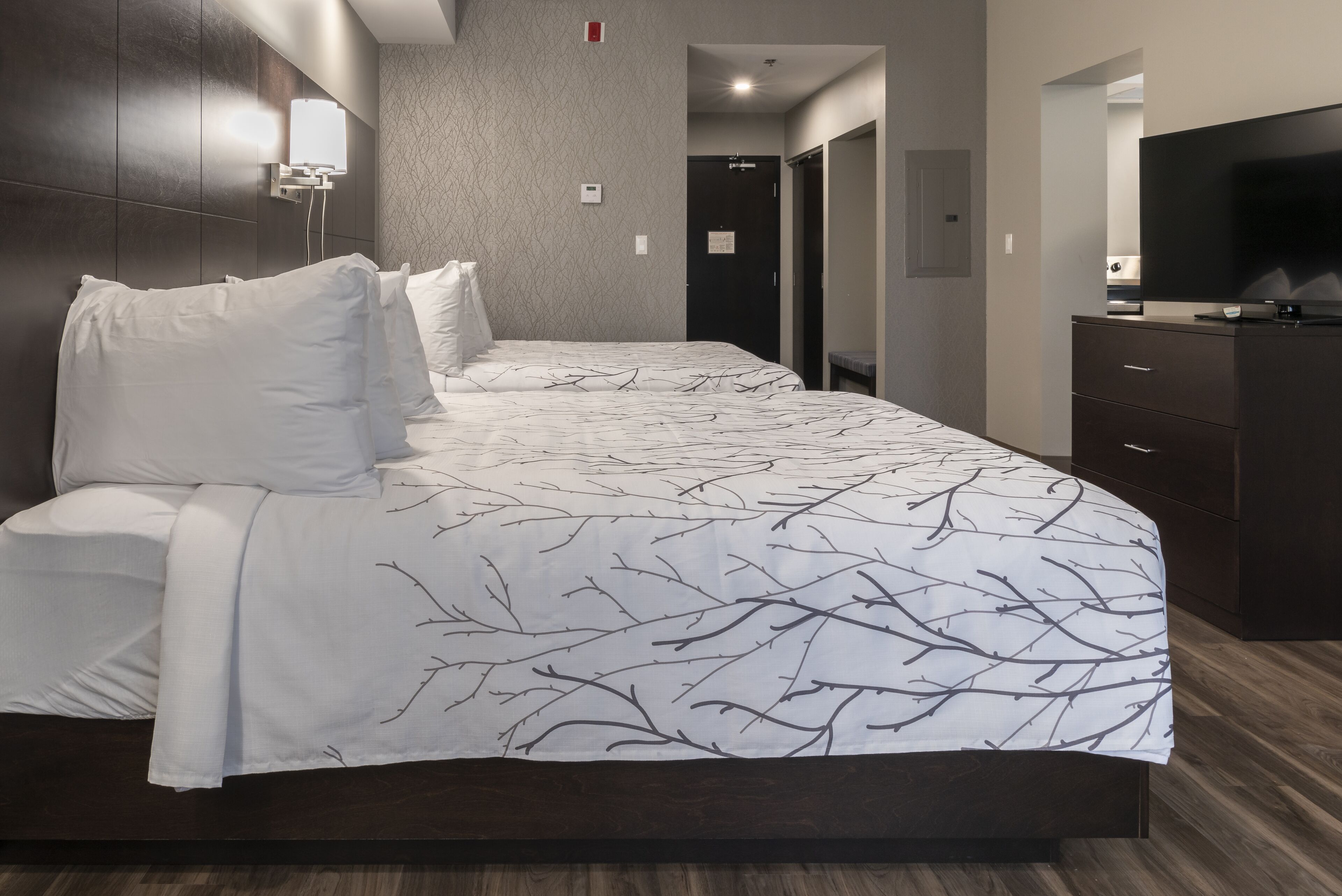 Quarto de hotel com uma cama grande, cômoda, TV e porta para um banheiro.