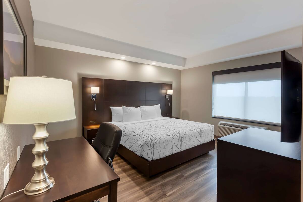 A modern hotel room with a large bed, a desk with a lamp, a chair, a TV, and a large window.