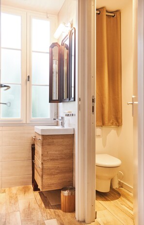 Chuveiro, secador de cabelo, toalhas de banho, sabonete