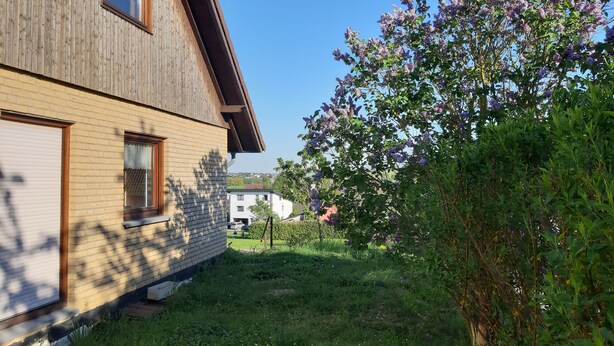 A two-story wooden house with a brick facade, a small front yard, and a flowering tree.