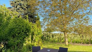 An outdoor seating area with a table and two chairs, surrounded by grass and trees.