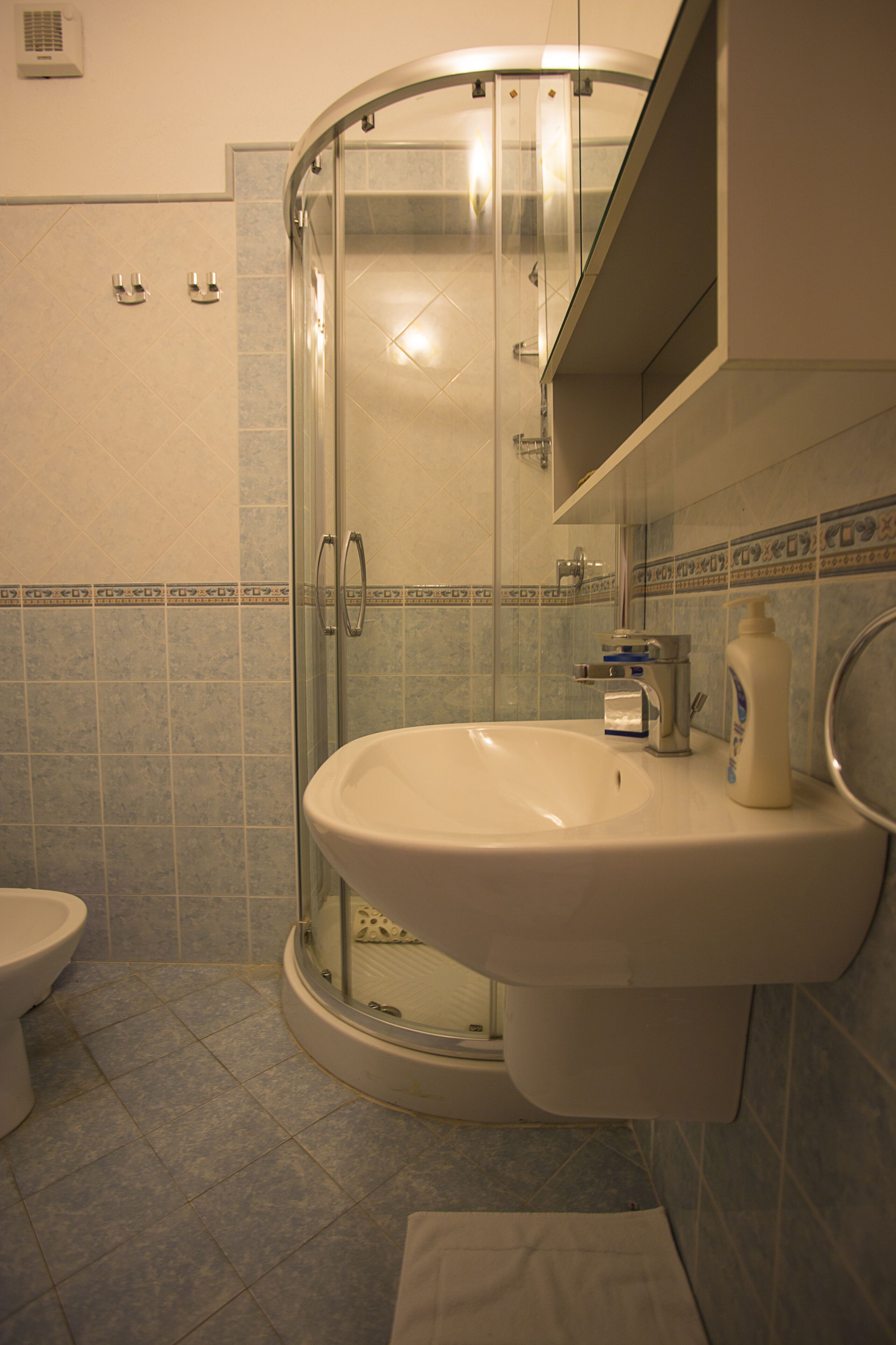 Un baño con ducha de vidrio, lavabo con espejo y retrete.
