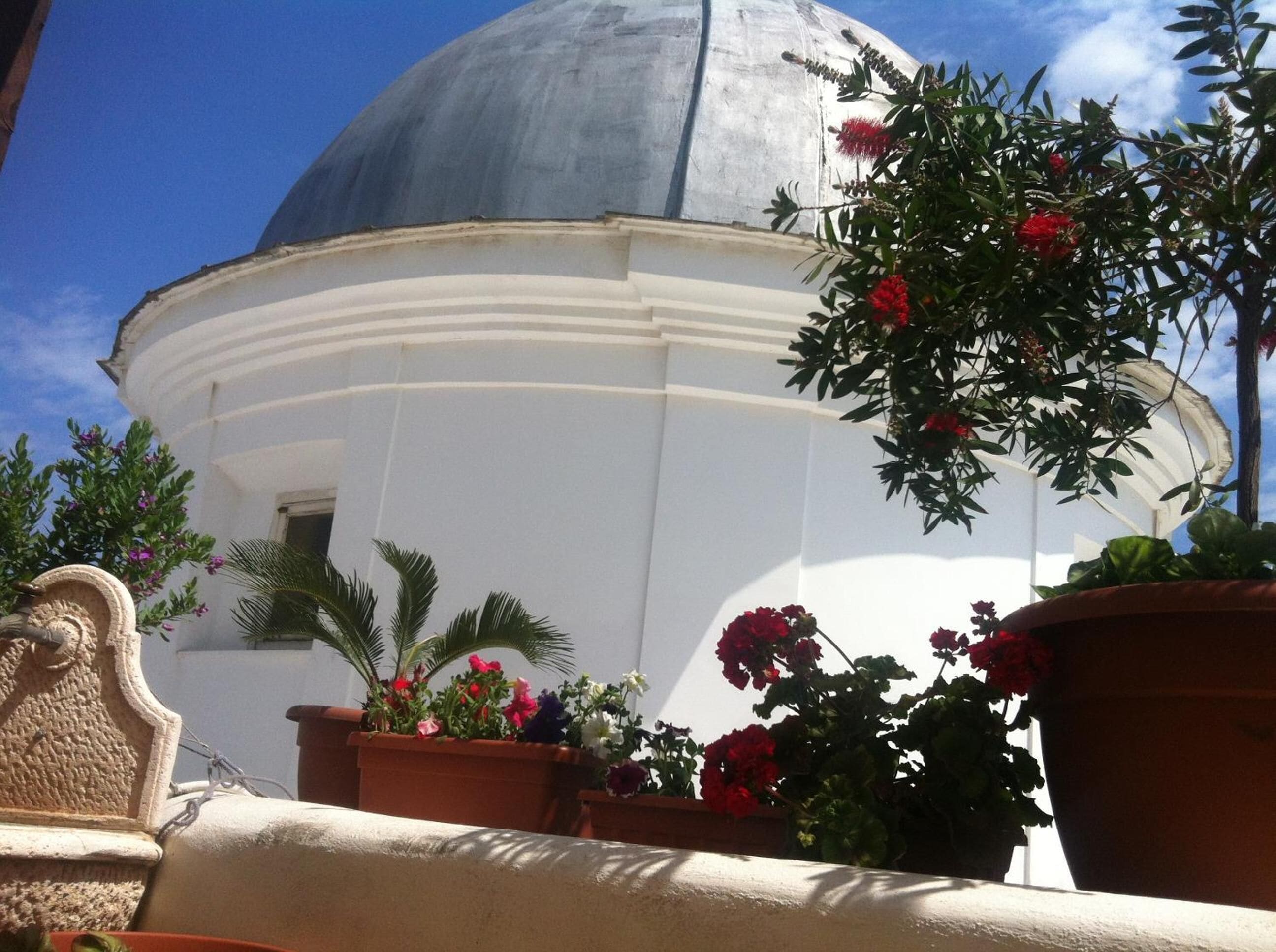 A white building with a dome and a balcony with potted plants.