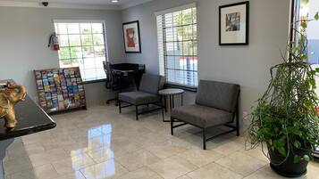 A modern waiting area with a black office chair, a grey sofa, and a small table. There is a fire extinguisher on the wall, a bulletin board with various notices, and a large potted plant.