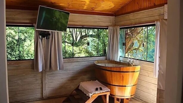 A wooden cabin with a wooden bathtub, a television mounted on the wall, and large windows offering a view of trees. - Jardim Suspenso da Babilônia (Santo Antonio do Pinhal)
