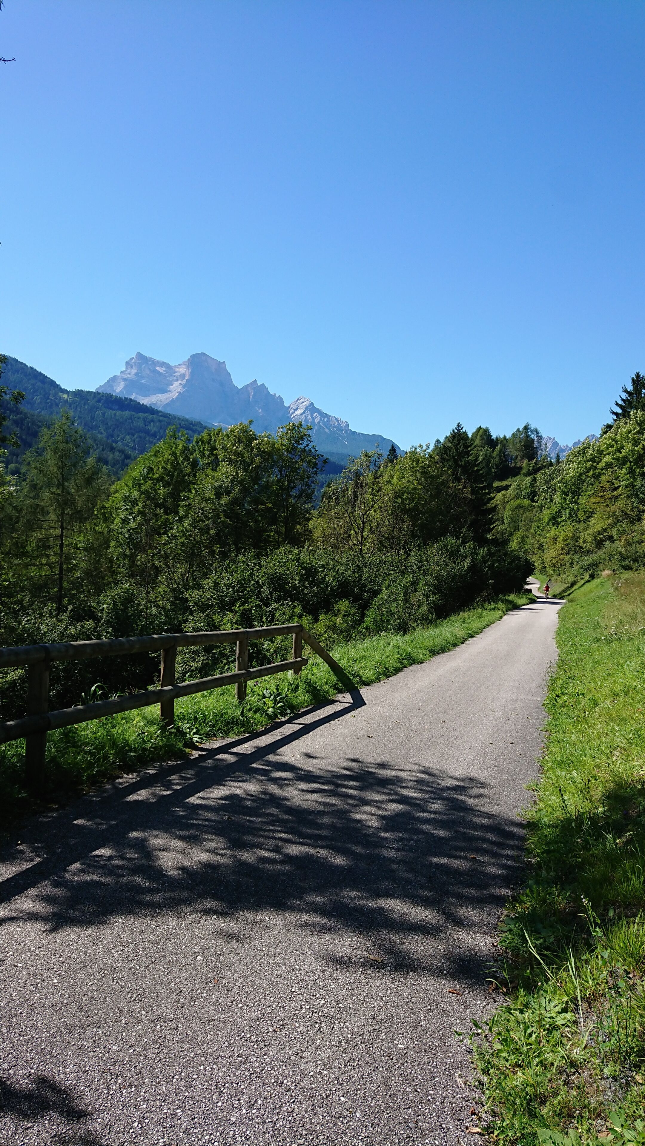 Una strada asfaltata con una recinzione in legno su un lato, immersa nel verde e con montagne sullo sfondo.