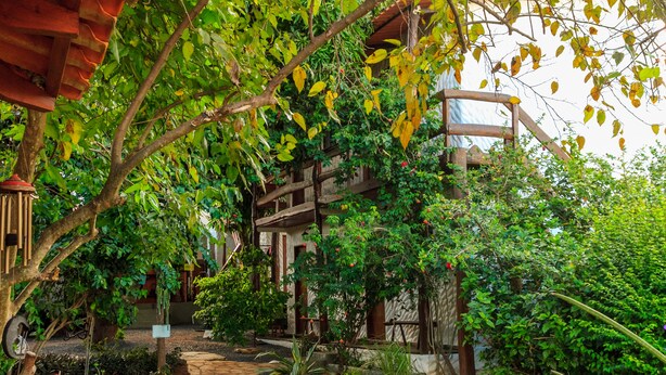 A rustic wooden structure with a stone pathway leading to a wooden deck. - Pousada Jardim da Nova Era (Alto Paraíso de Goiás)