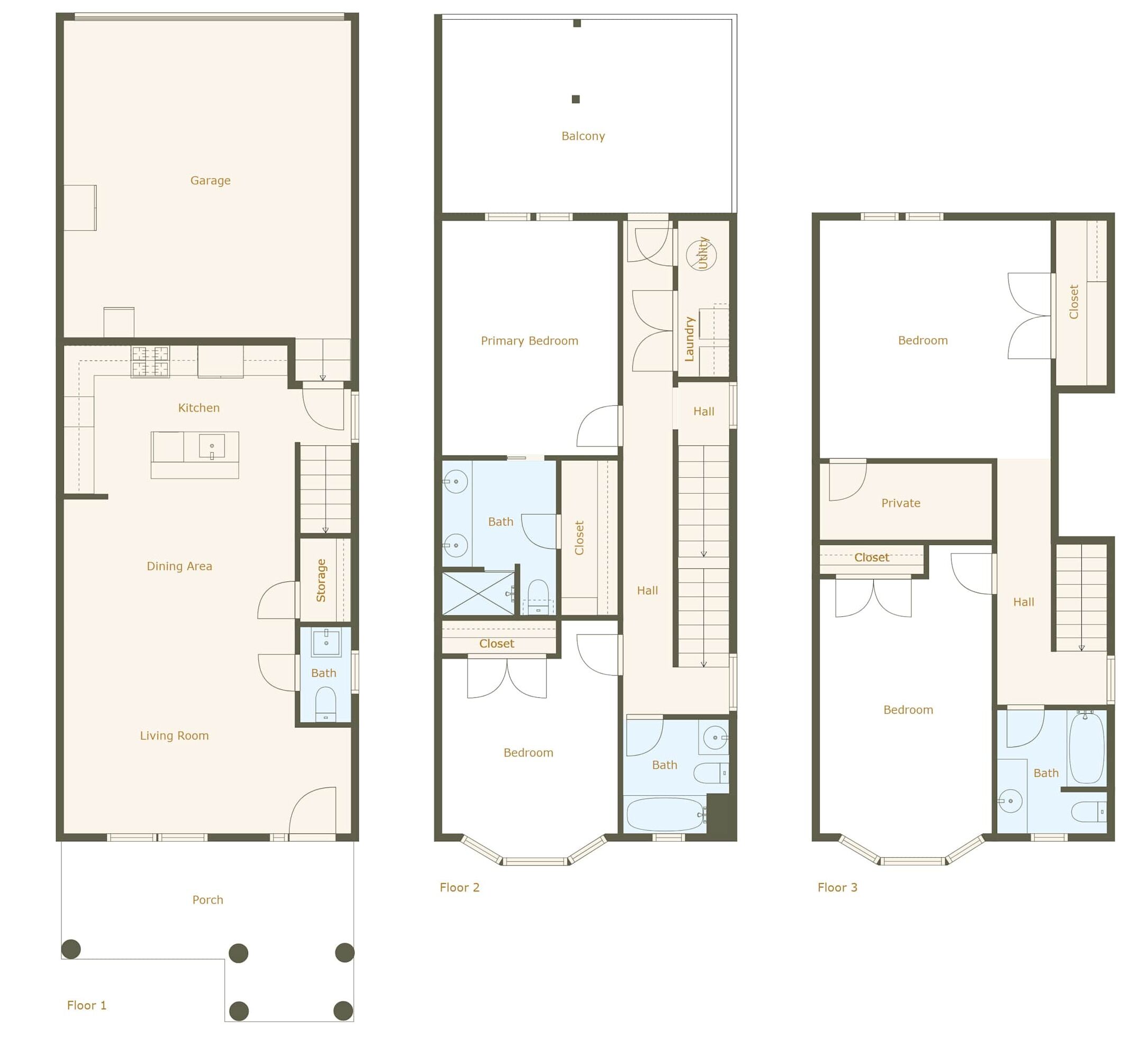 Three floor plans of a hotel with a garage, dining area, kitchen, living room, porch, balconies, and multiple bedrooms.