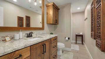 Shower, hair dryer, shampoo