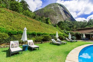 Outdoor pool, pool umbrellas, pool loungers