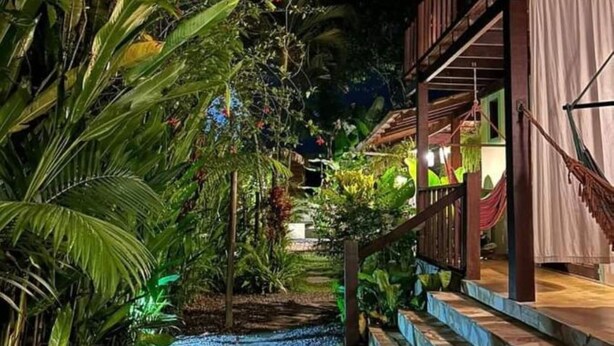 A tropical garden pathway leading to a wooden building with a hammock and a staircase. - Planeta Banana B&B (Paraty)