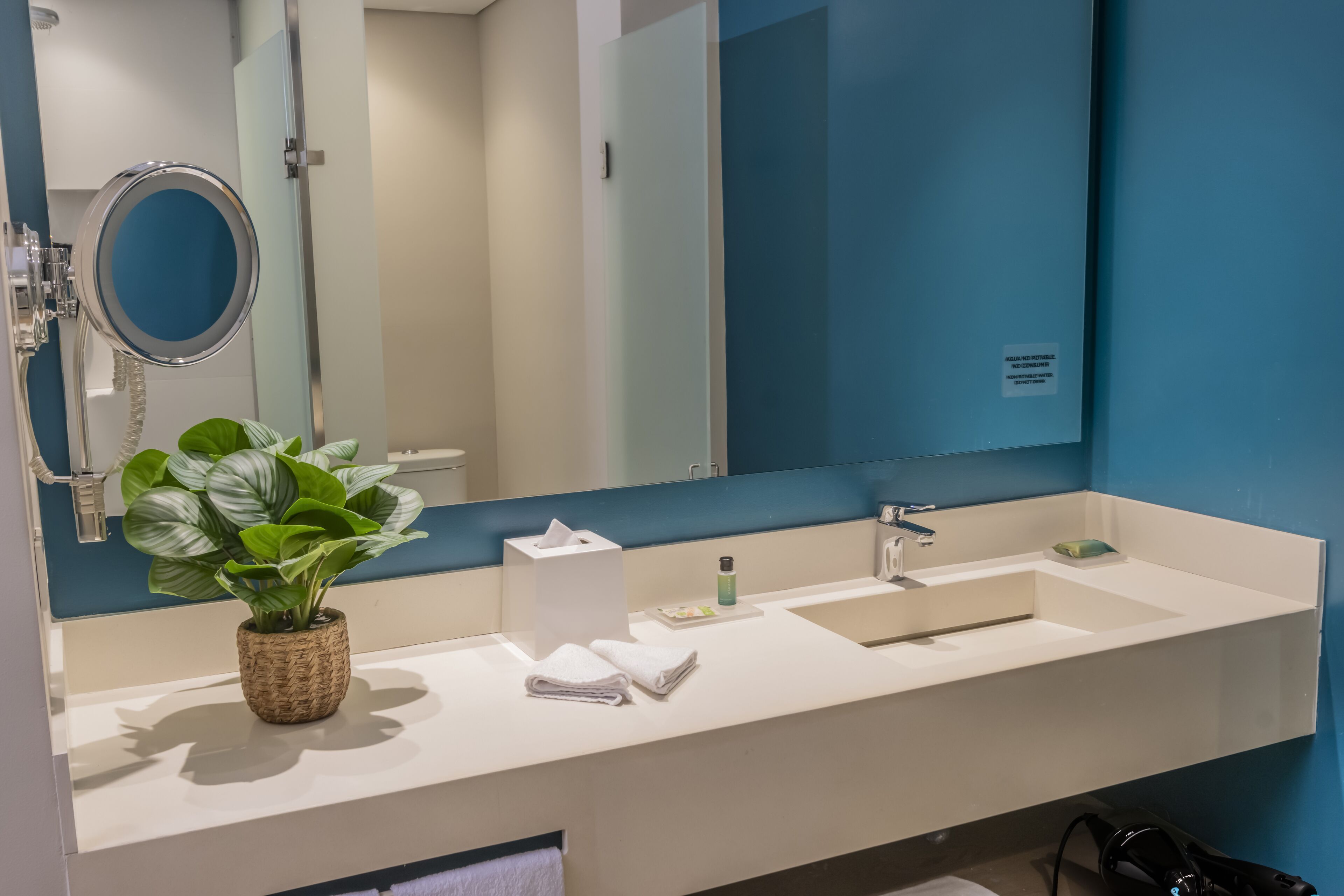 A modern bathroom with a white sink, a large mirror, and a potted plant.