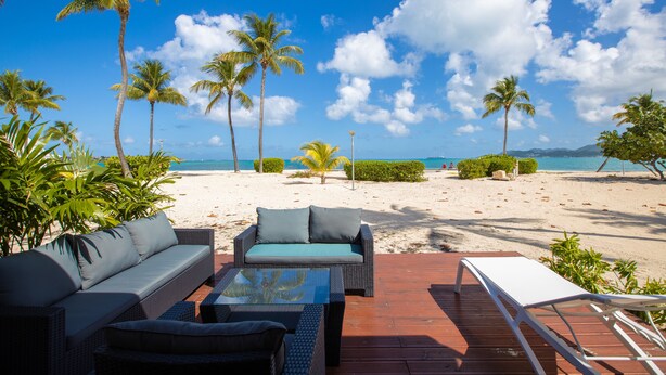 A beachside patio with wicker furniture, a glass table, and a view of the ocean and palm trees. - ZEN Apartment T2 "Waterfront" Baie Nettle (BAIE NETTLE)