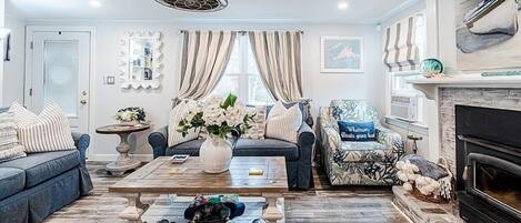 Smart TV, fireplace, books