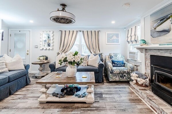 Smart TV, fireplace, books