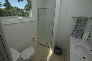 Combined shower/tub, hair dryer, towels, soap
