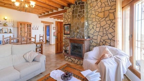 Televisión, chimenea, reproductor de DVD, estéreo