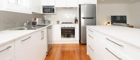 Fridge, microwave, oven, stovetop