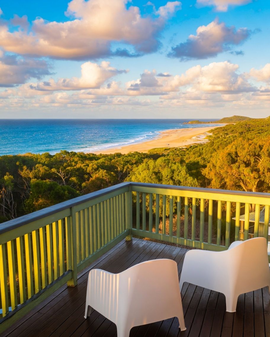 A deck with two white chairs overlooking a beach and ocean.