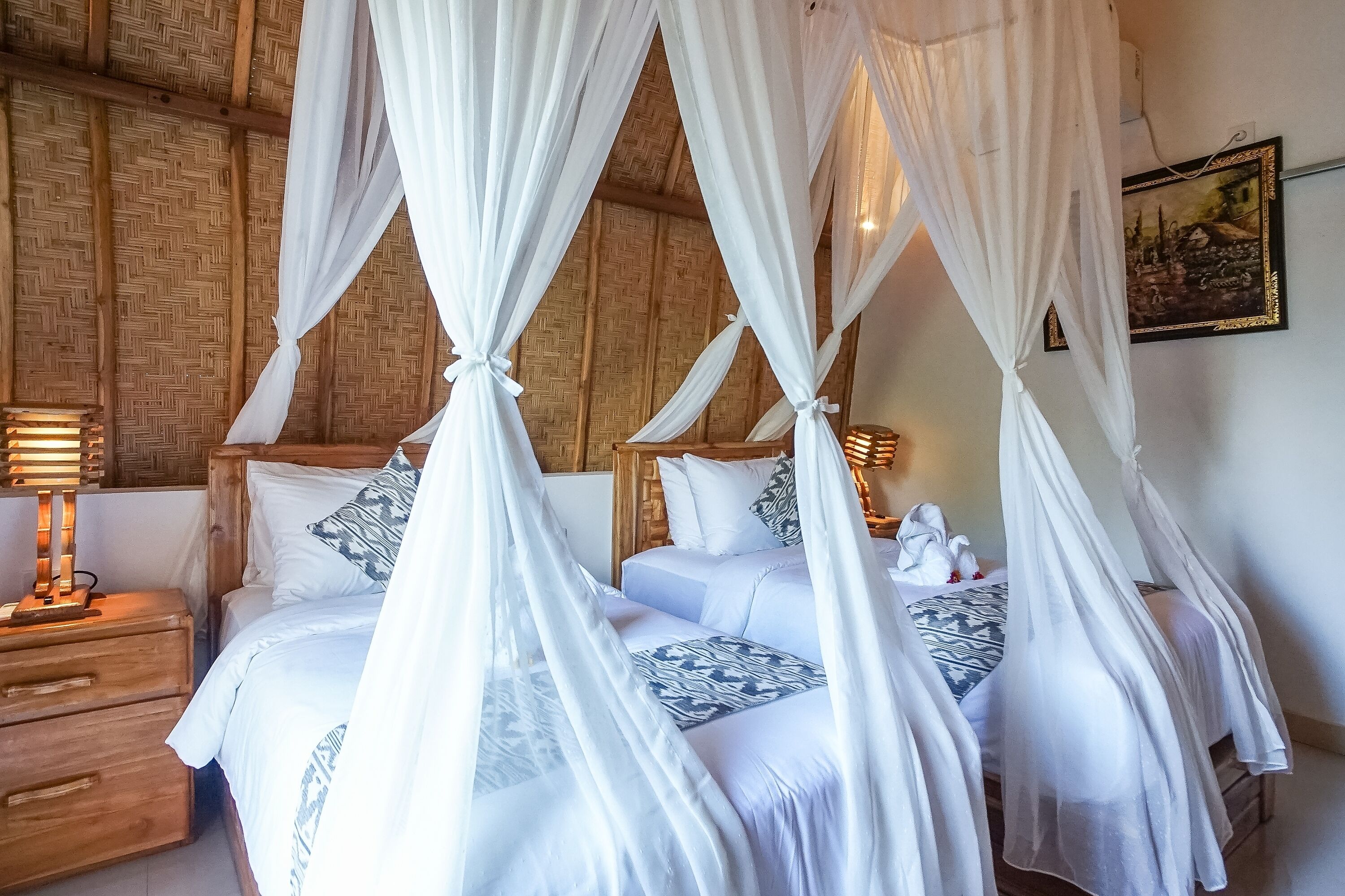 A room with two beds, each with white bedding and patterned pillows, under a canopy. There is a wooden headboard and a nightstand with a lamp.
