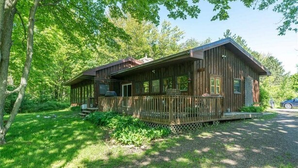 A wooden cabin with a porch, surrounded by lush greenery and trees.